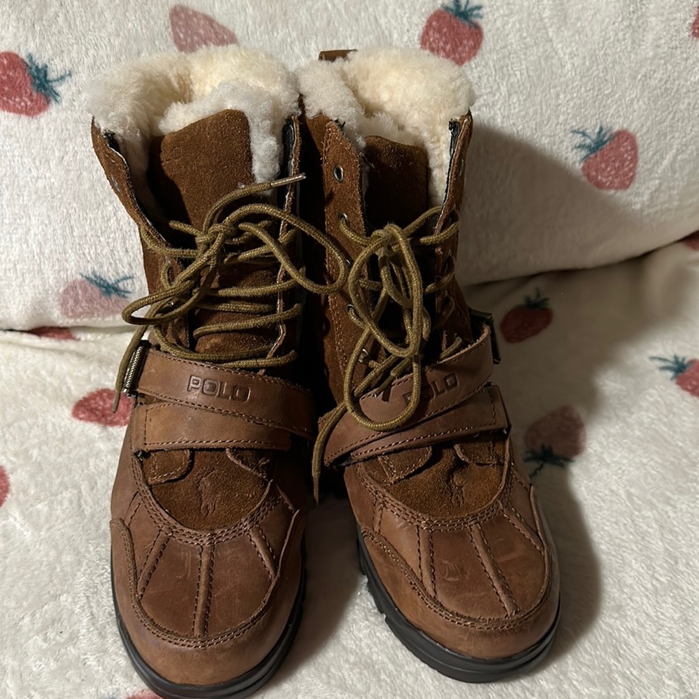 Polo by Ralph Lauren Leather Boots Boy Size 3 1/2 Brown Shearling Lined Lace Up